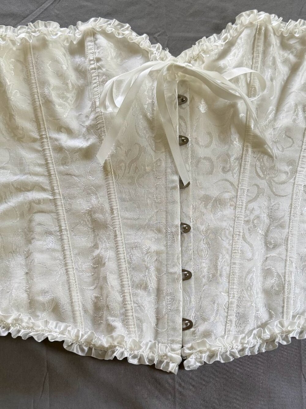 White Corset Bridal Satin Ribbon Lace-up Silver Eyehooks Sweetheart Ruffles L-2X